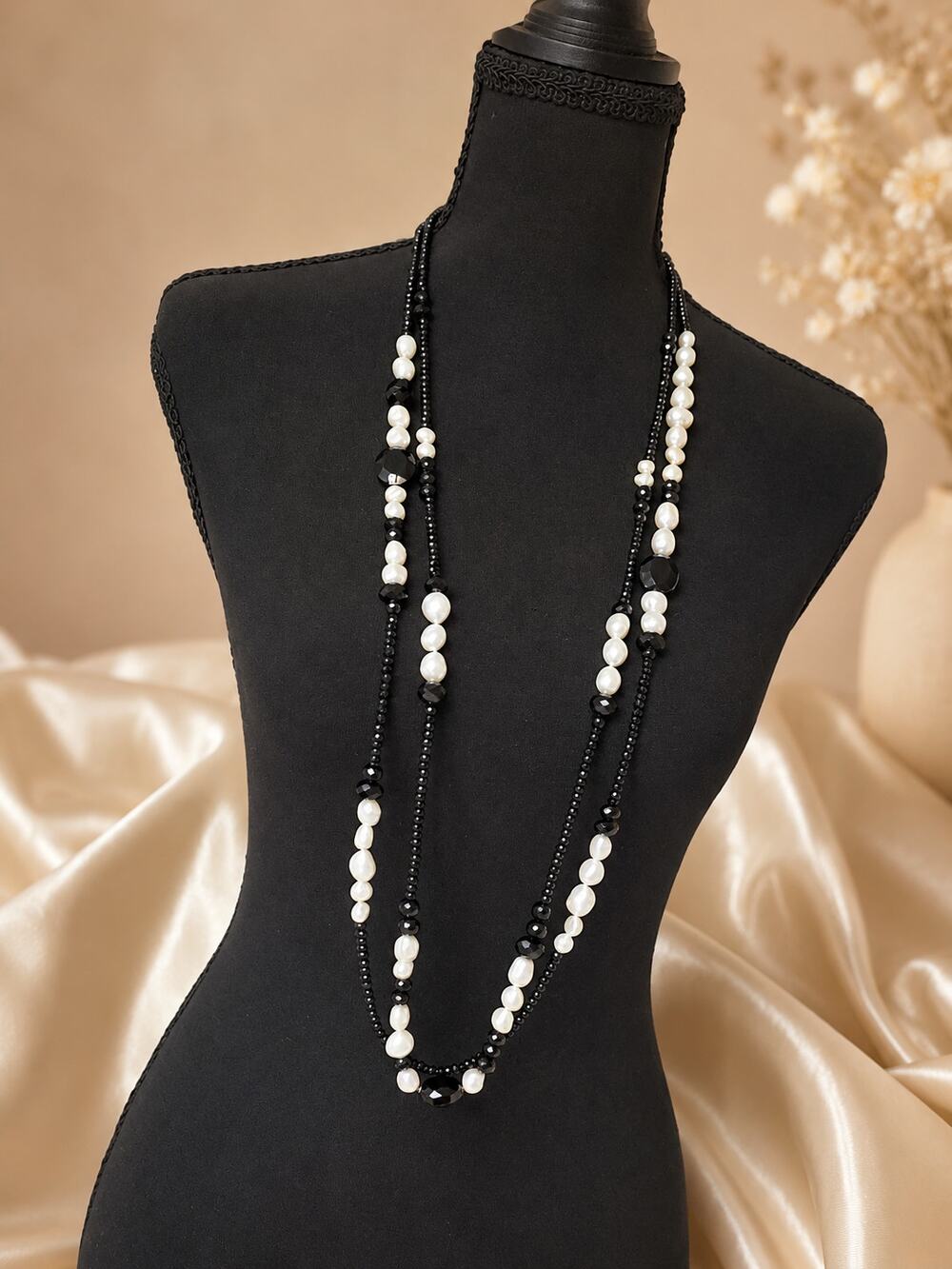 Long Baroque Freshwater Pearl & Black Spinel Multi-Strand Necklace 40”